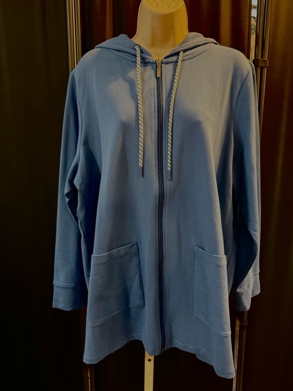 Denim & Co Active French Terry Zip Up Tunic Star Detail Med Denim Blue 1XP